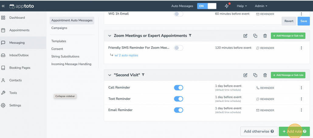 Add Auto Messages rule in Apptoto