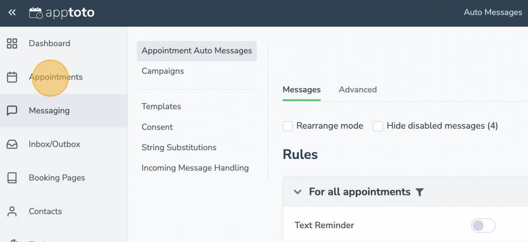 Highlighted Appointments tab in Apptoto platform