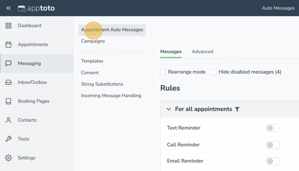 Highlighted Appointment Auto Messages tab in Apptoto platform