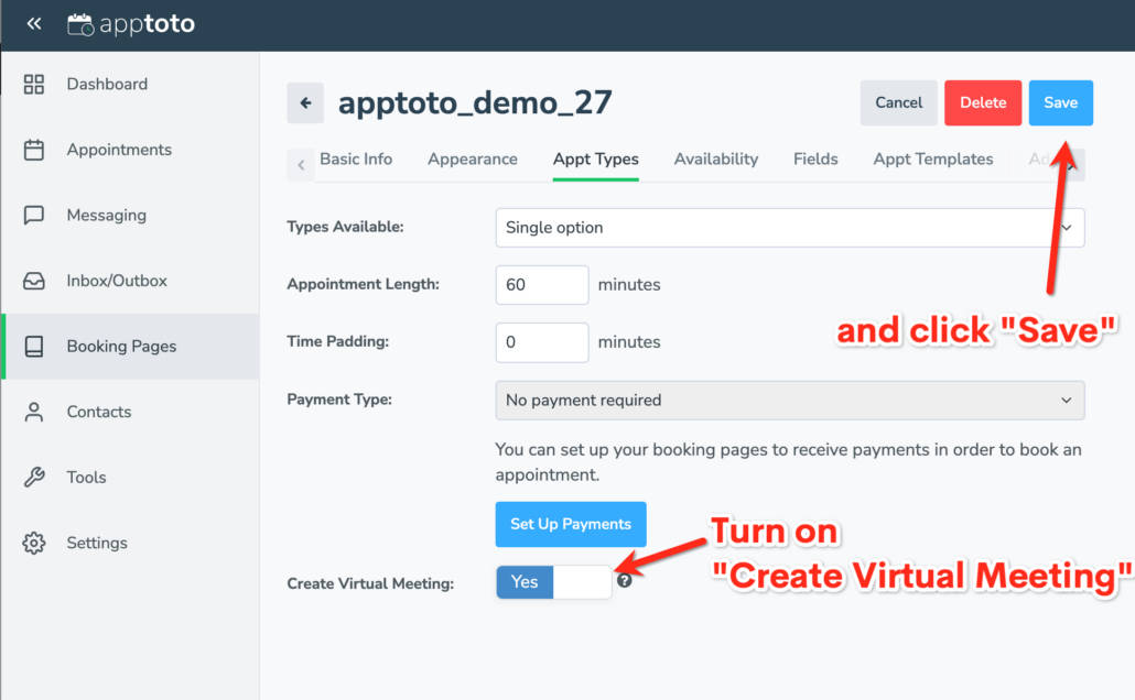Implement appointment scheduling for Microsoft Teams by clicking "create virtual meeting" button in Apptoto platform.