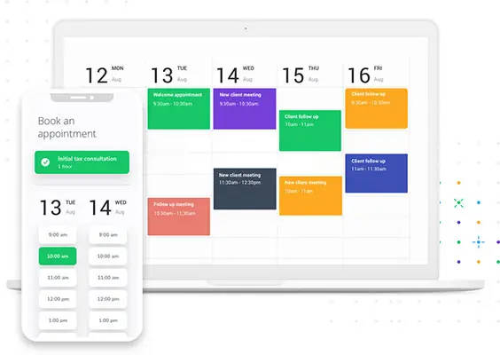 appointment scheduling app showing mobile booking page and calendar on desktop