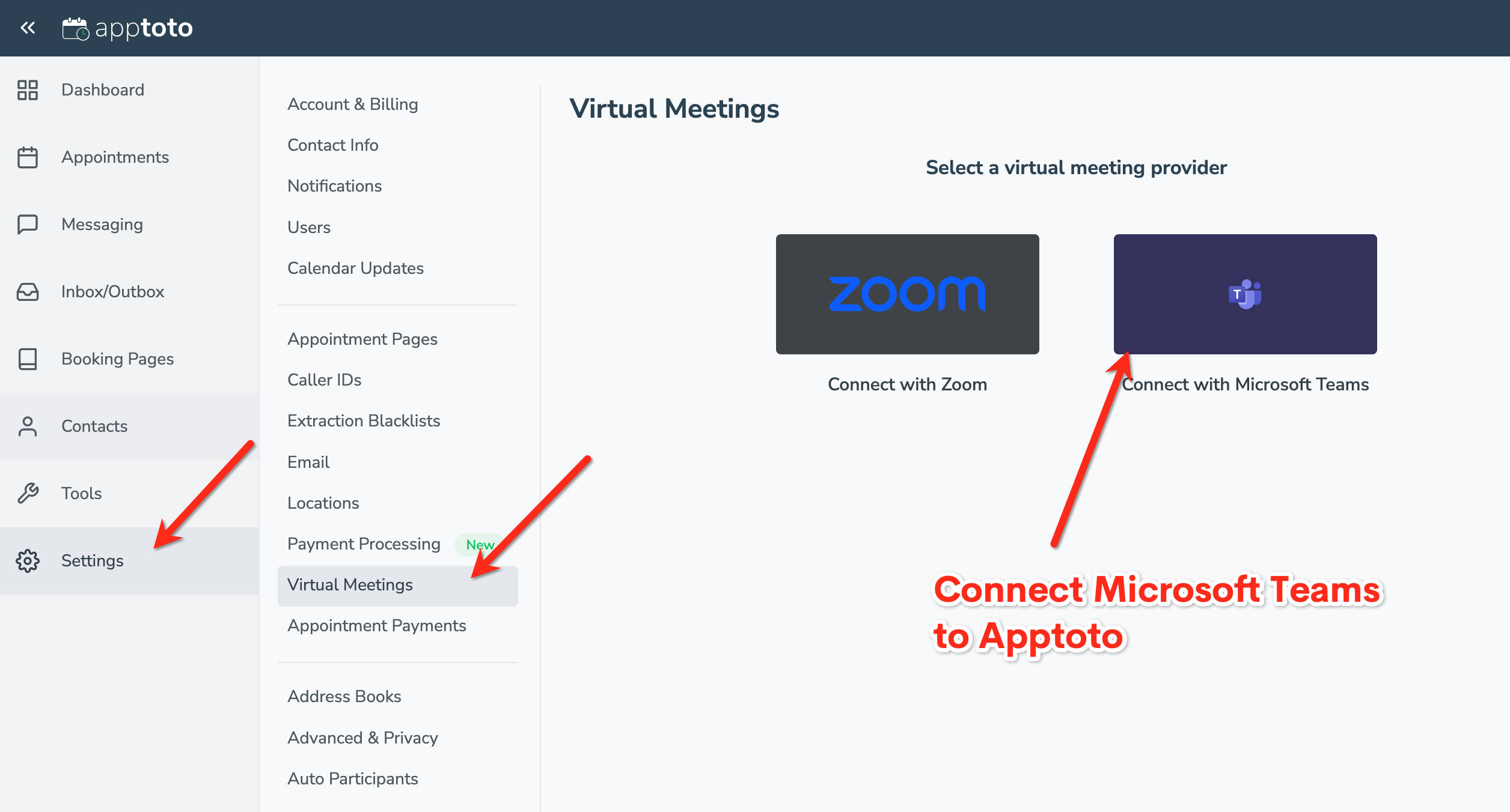 Connect Microsoft Teams via the virtual meetings tab in Apptoto