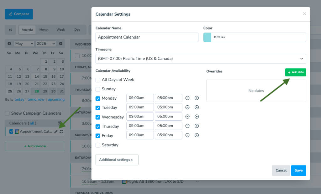 Edit your calendar on the Appointments tab, then click "+Add overrides"