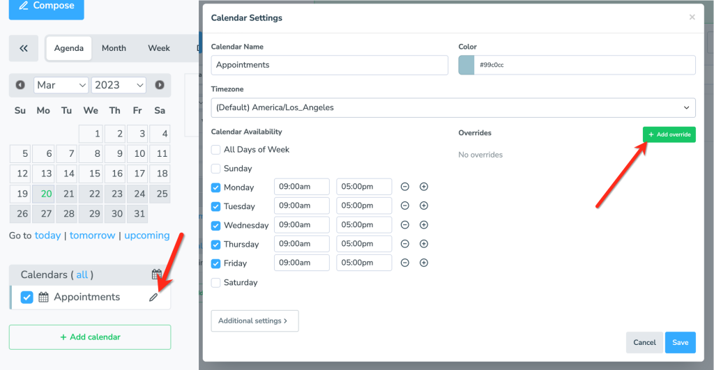 Edit your calendar on the Appointments tab, then click "+Add overrides"