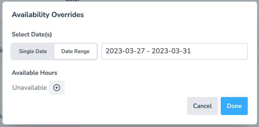 Use availability overrides to change your scheduling availability for a date range
