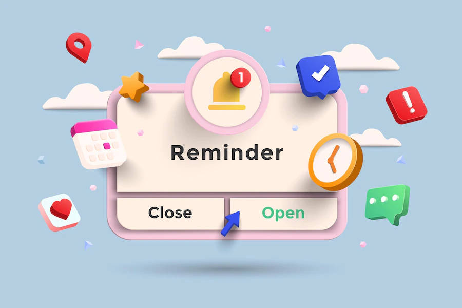 An automated appointment reminder appears with options to view or close the reminder.