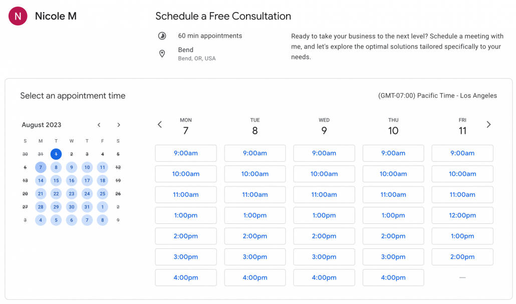 google appointment scheduling booking page