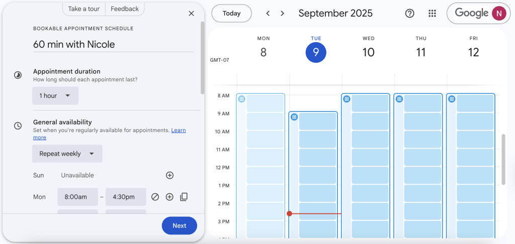 Google appointment booking page editing is built directly into Google Calendar