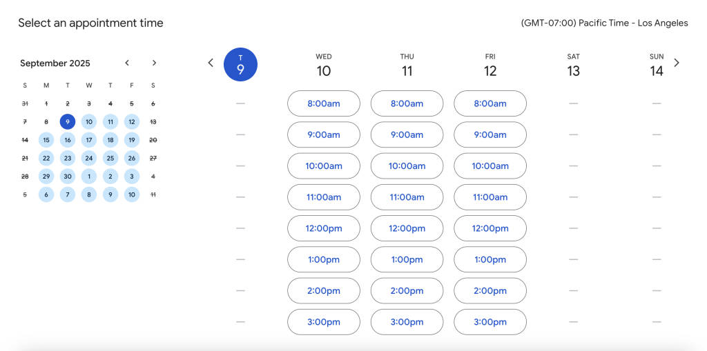 Google appointment scheduling booking page example
