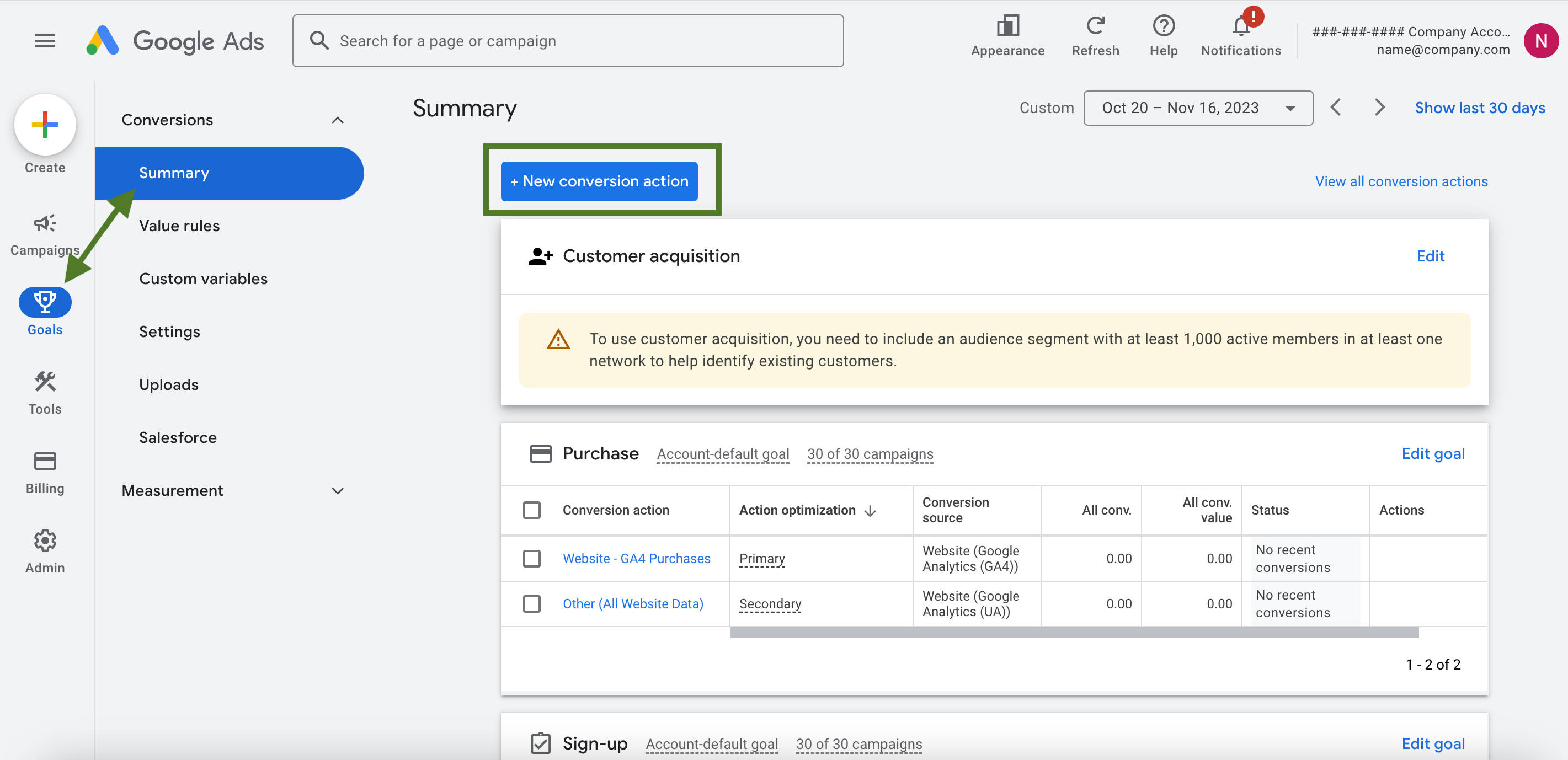 Navigate to the Summary tab in Google Ads and click +New Conversion Action to add appointment bookings.