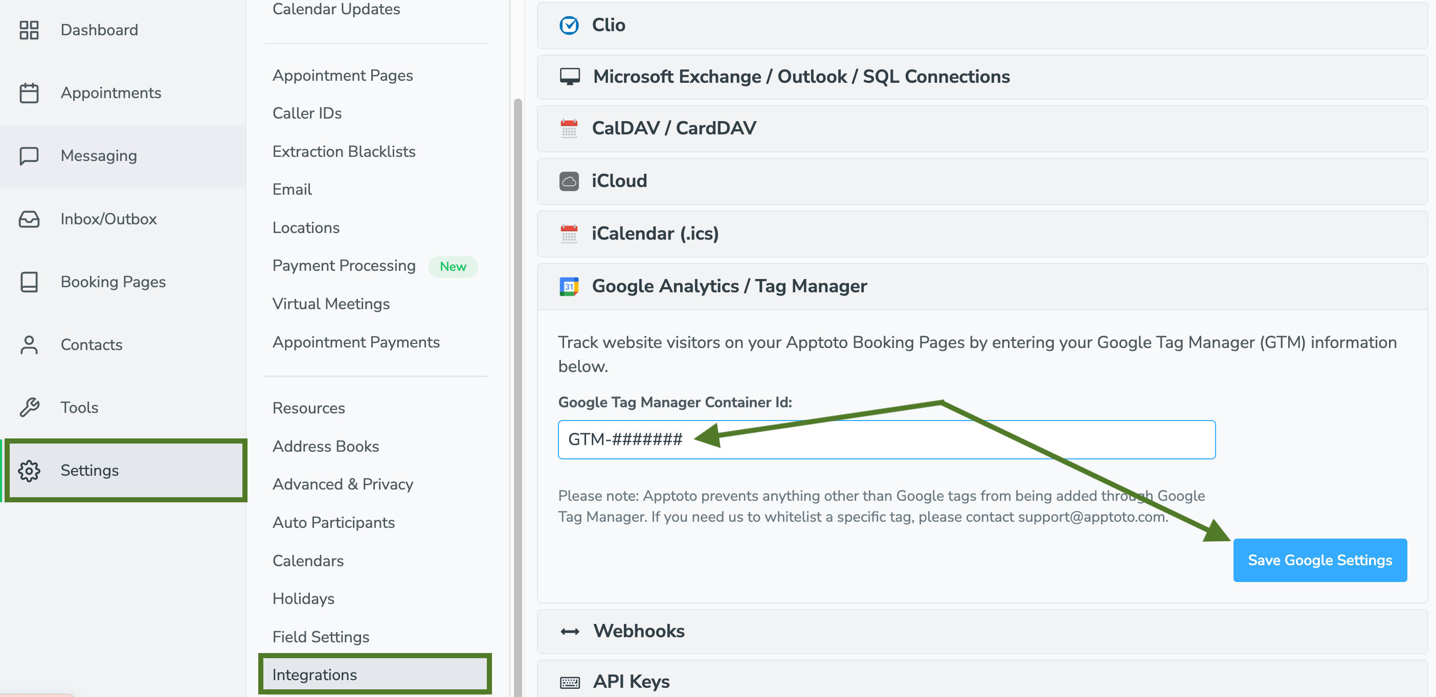 Add your Google Tag Manger container ID to Apptoto via the integrations setting tab.