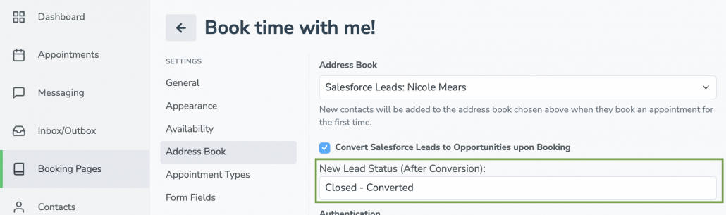 Enter the New Lead Status name from Salesforce into Apptoto's Address Book tab.