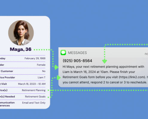 Image of a woman in her mid-30's client profile, showing how her custom data can be used to personalize a appointment reminder text message