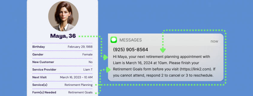 Image of a woman in her mid-30's client profile, showing how her custom data can be used to personalize a appointment reminder text message