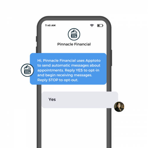 A cellphone showing a text from a business indicating they use Apptoto to send appointment reminders and asking the client to confirm YES to receive them. The client responds "Yes."