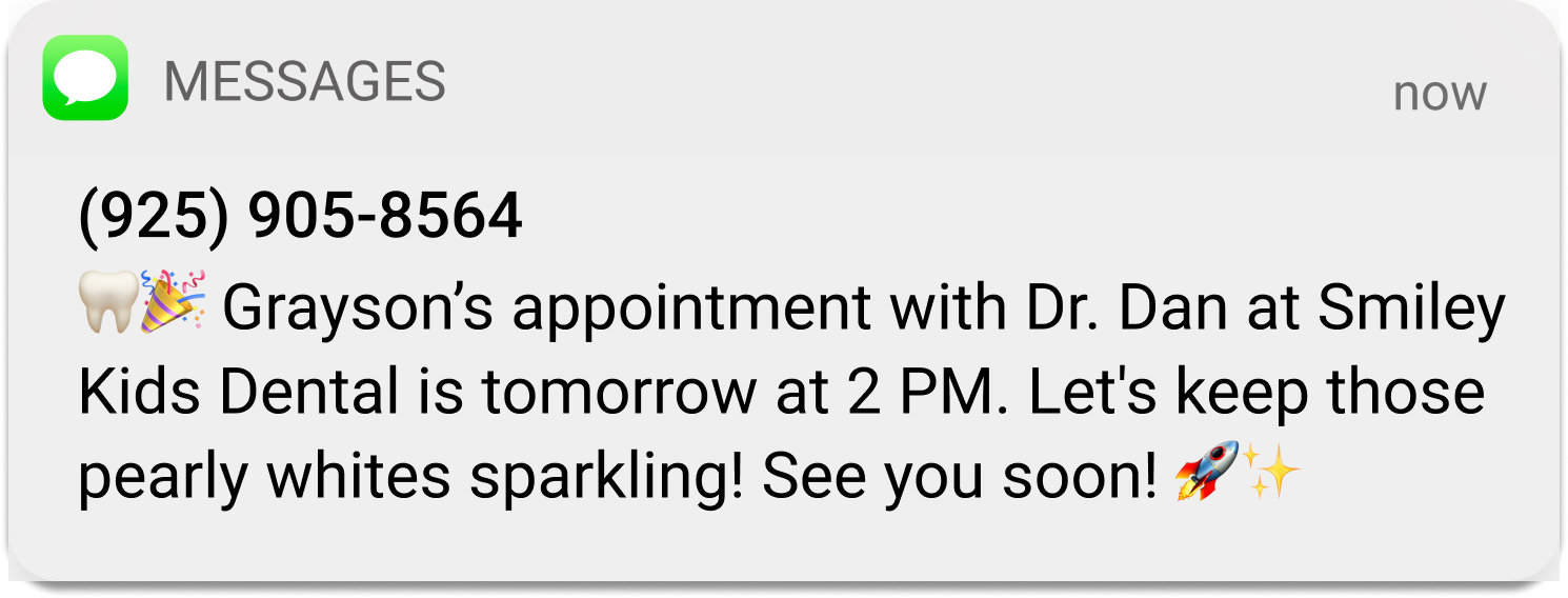 Dental appointment reminder template for a kids dental office using fun emojis.