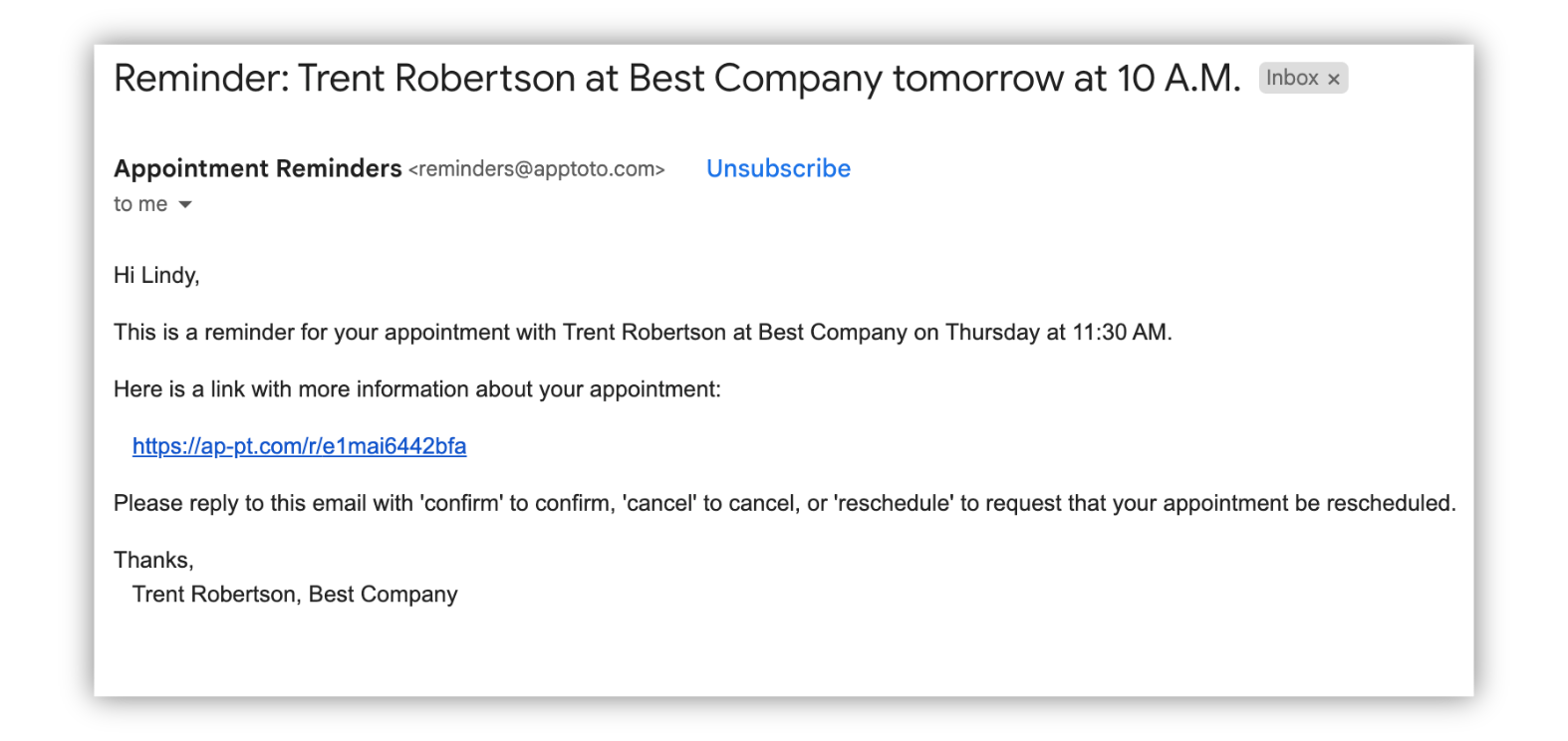 Basic Apptoto Email Appointment Reminder Template