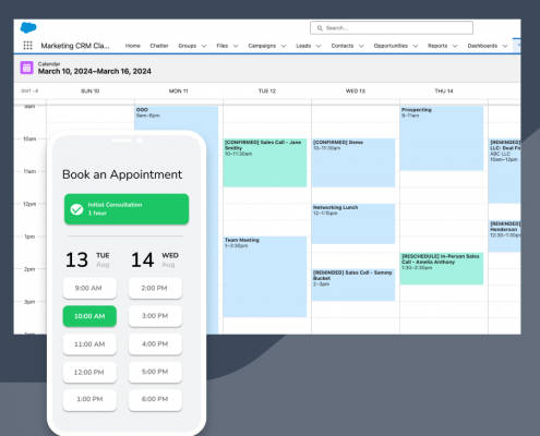 Salesforce Calendar showing an online appointment scheduling page on a mobile phone