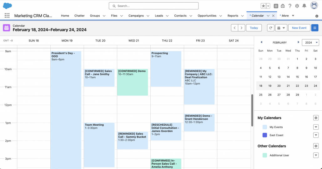 Salesforce Calendar showing 10 appointments with their confirmation status noted in the event title.