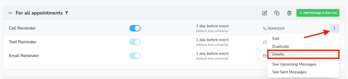 Delete call reminders from appointment auto messages tab in Apptoto