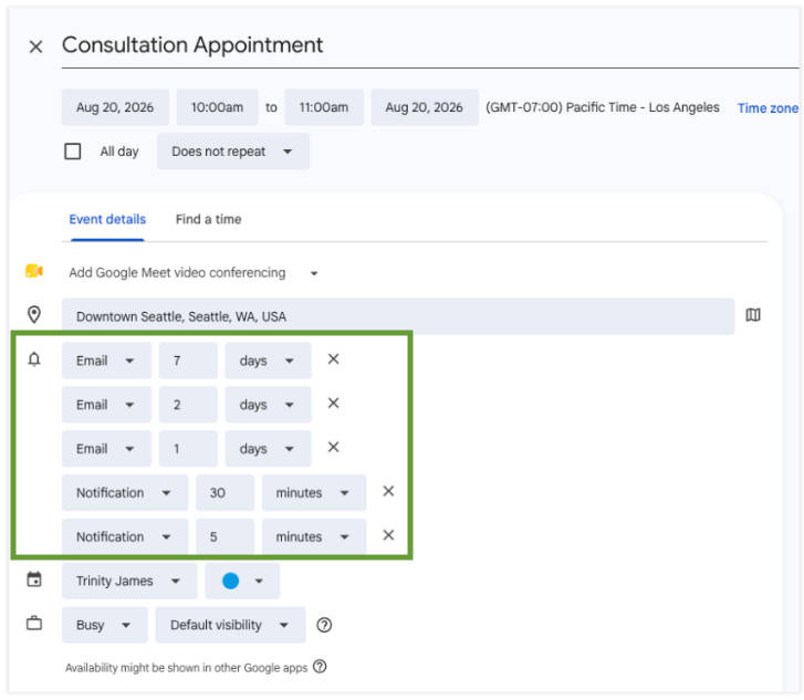 Add up to 5 appointment reminder email or notifications to a Google Calendar event.
