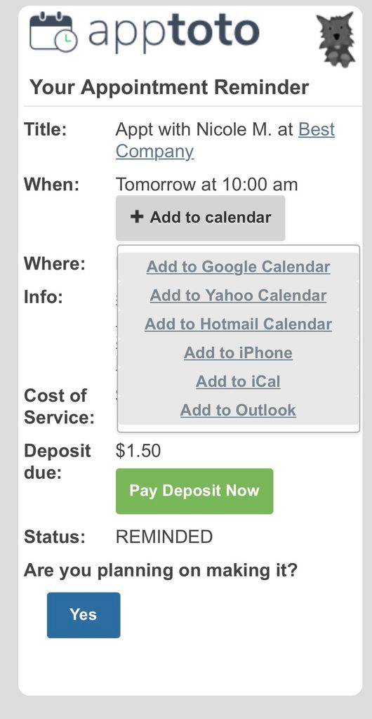Add to Google Calendar button on Apptoto appointment page
