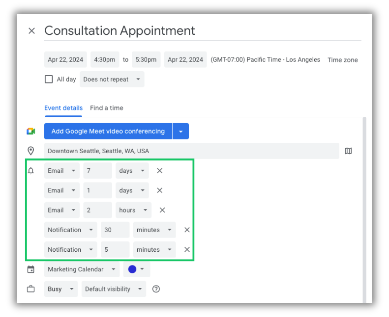 Add up to 5 appointment reminder email or notifications to a Google Calendar event.