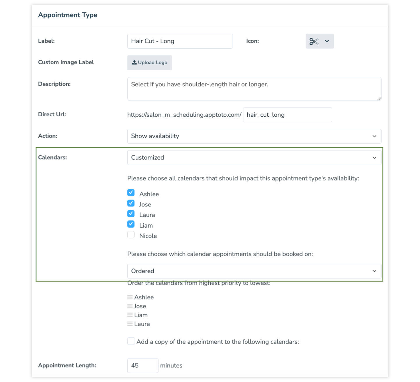 Ordered appointment routing in Apptoto interface