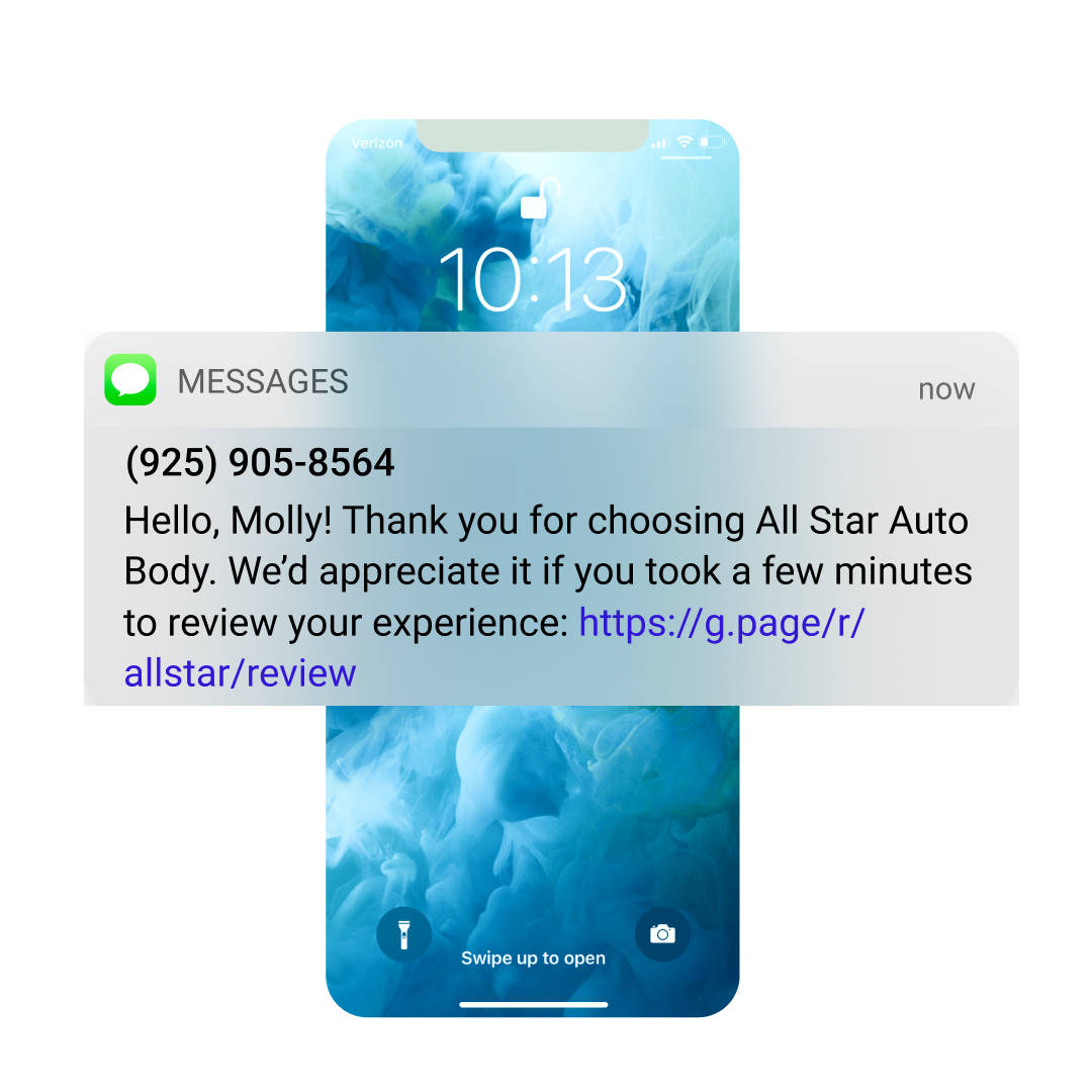 SMS text message requesting a review from a client