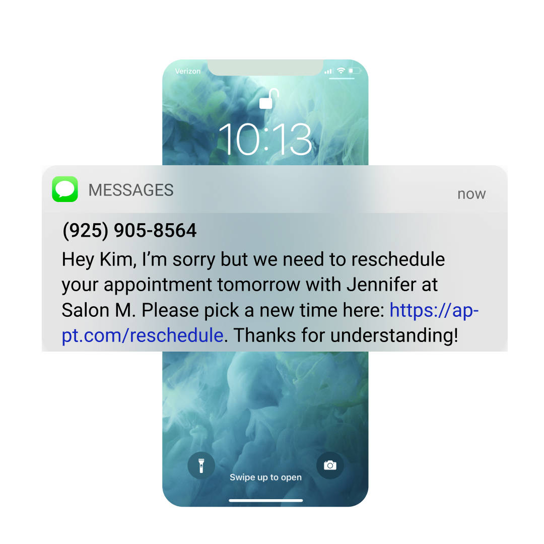 Text message requesting that client rebook their appointment.