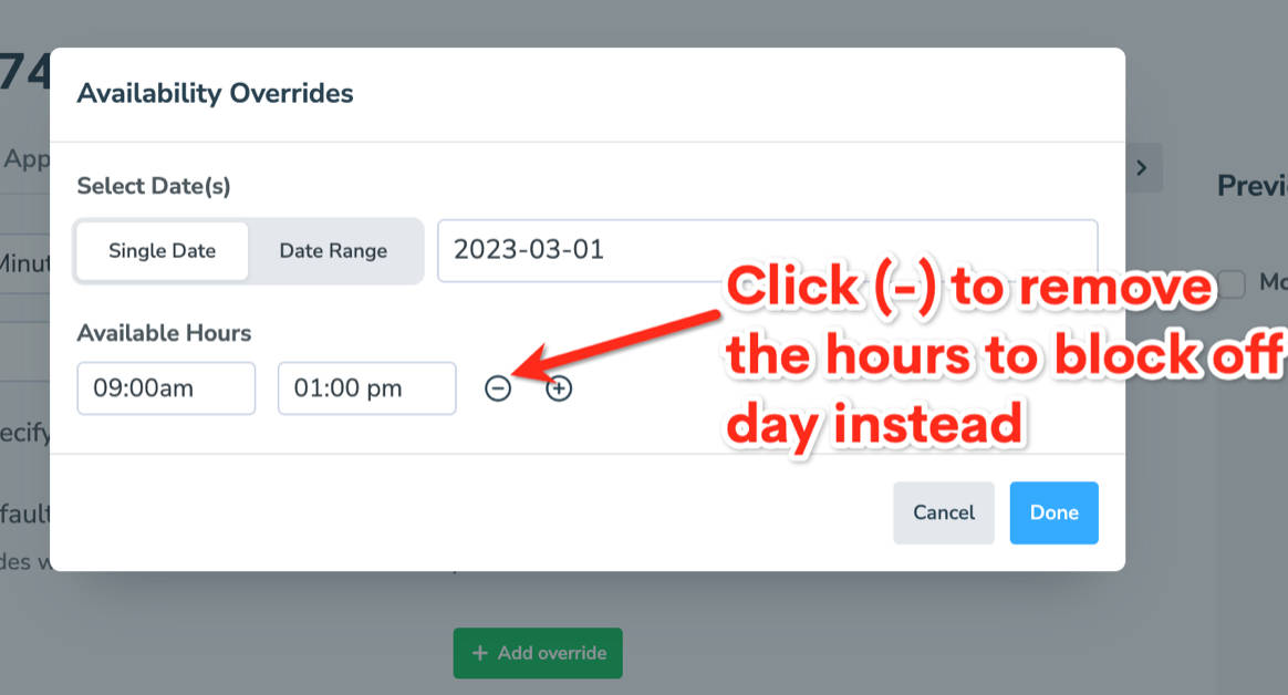 block of time you are unavailable using - button