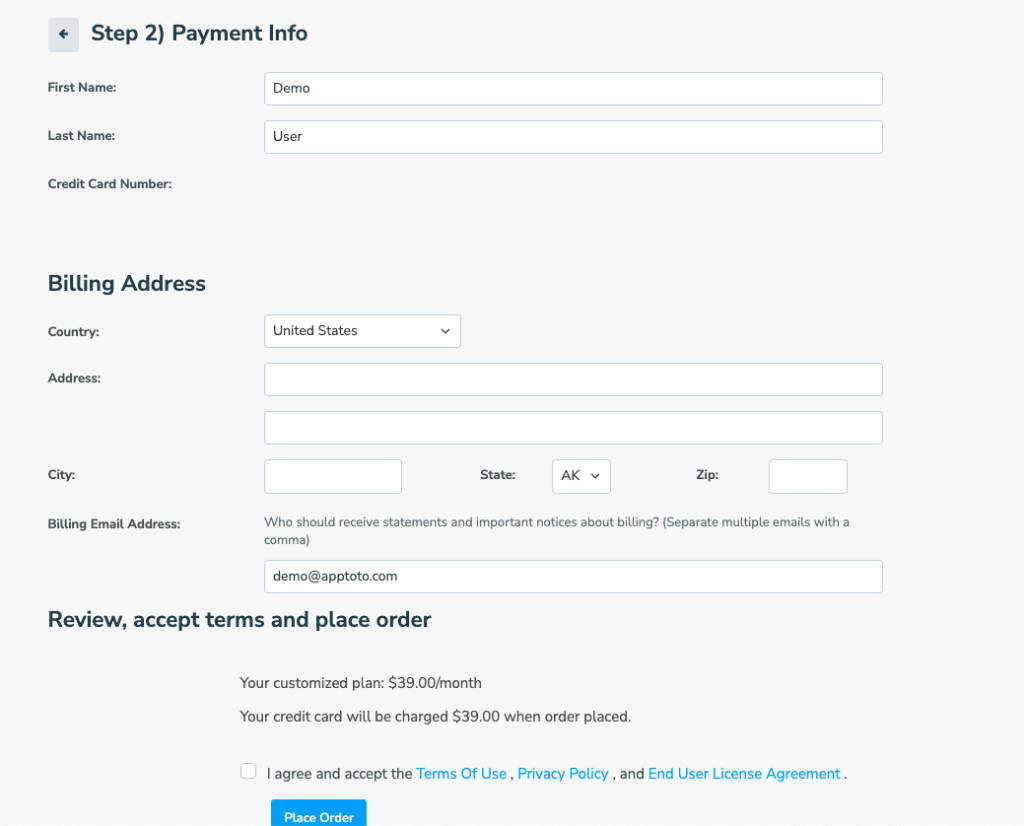 Step two of subscription process - entering payment information and placing order.