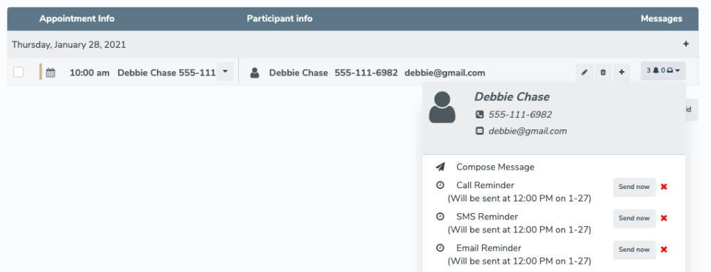 Clicking the bell/inbox menu next to an event on the Appointments tab will display scheduled messages.