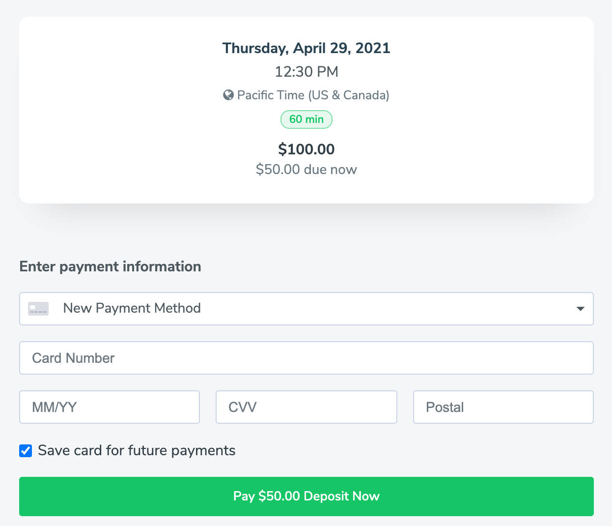 Apptoto booking page with payment collection form.
