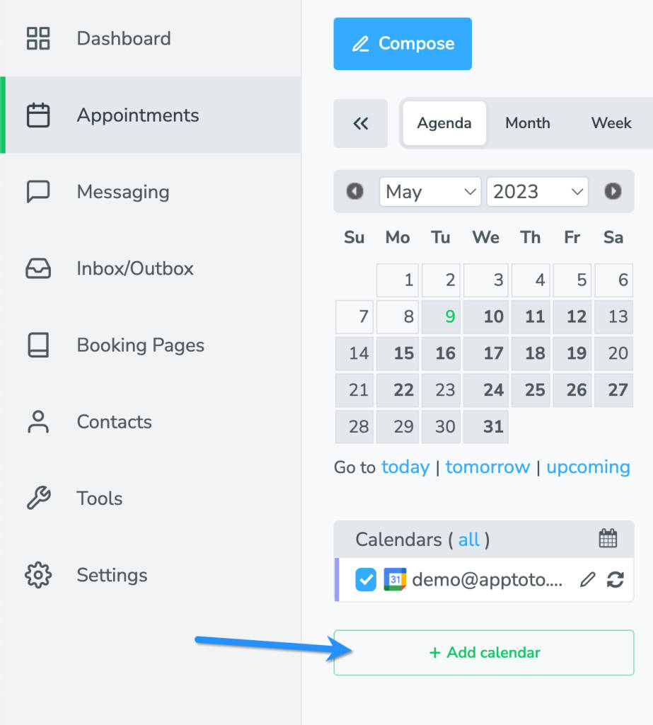 To add an Outlook calendar click the "add calendar" button on the Appointments tab