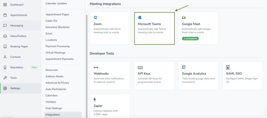 Apptoto integrations page with Microsoft Teams virtual calling platform highlighted.
