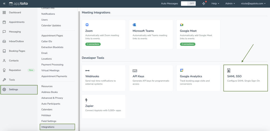 Configure SAML under Settings > Integrations > SML Single Sign-On (SSO)