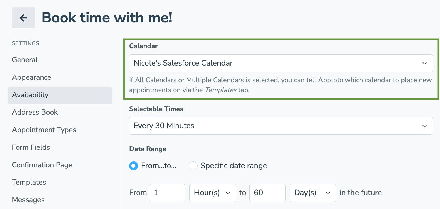 Ensure your Apptoto booking page is set to sync to your Salesforce Calendar