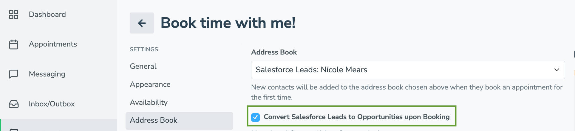 Click the checkbox to allow Salesforce Leads to be converted to Opportunities once a Lead books an appointment