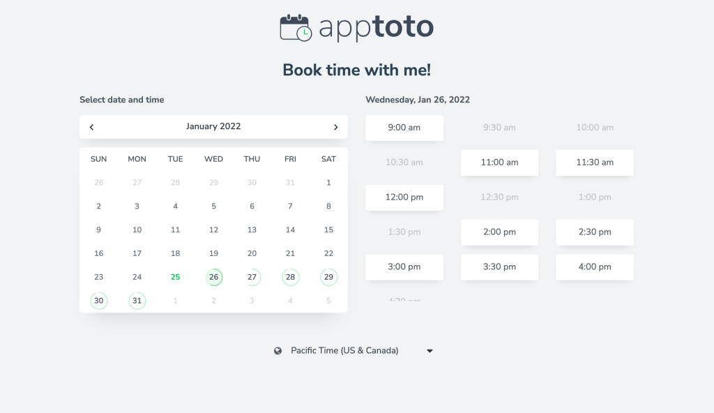 Example Apptoto online booking page with calendar date picker and time selector