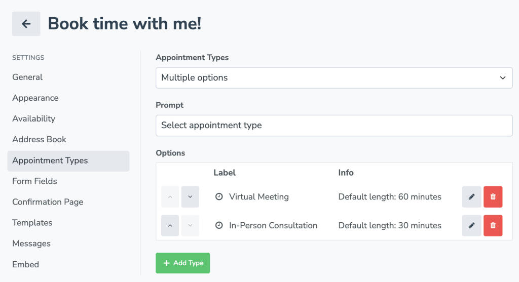 Add multiple appointment types to a booking page in Apptoto