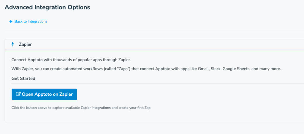 Apptoto Zapier integration setup step "open Apptoto on Zapier."