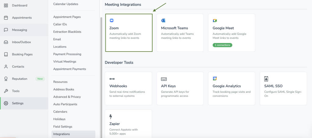 Apptoto integrations page with Zoom virtual calling platform highlighted.