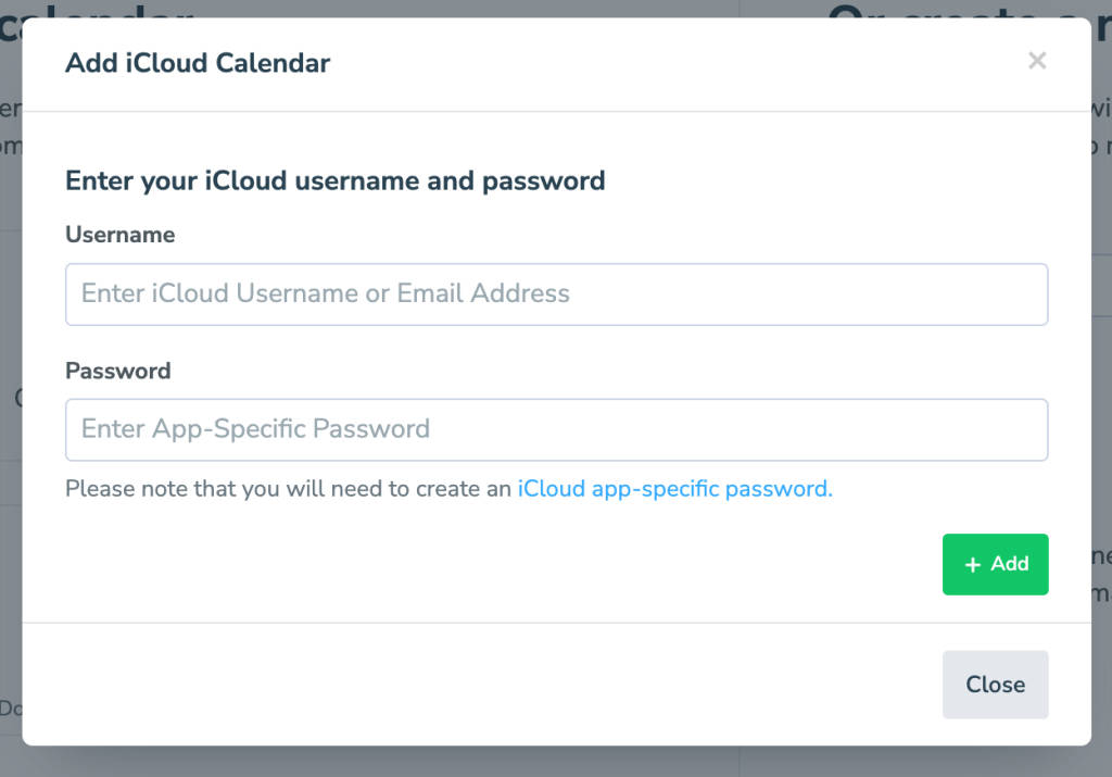 Apptoto interface displaying where to enter credentials for iCloud to enable Calendar syncing.