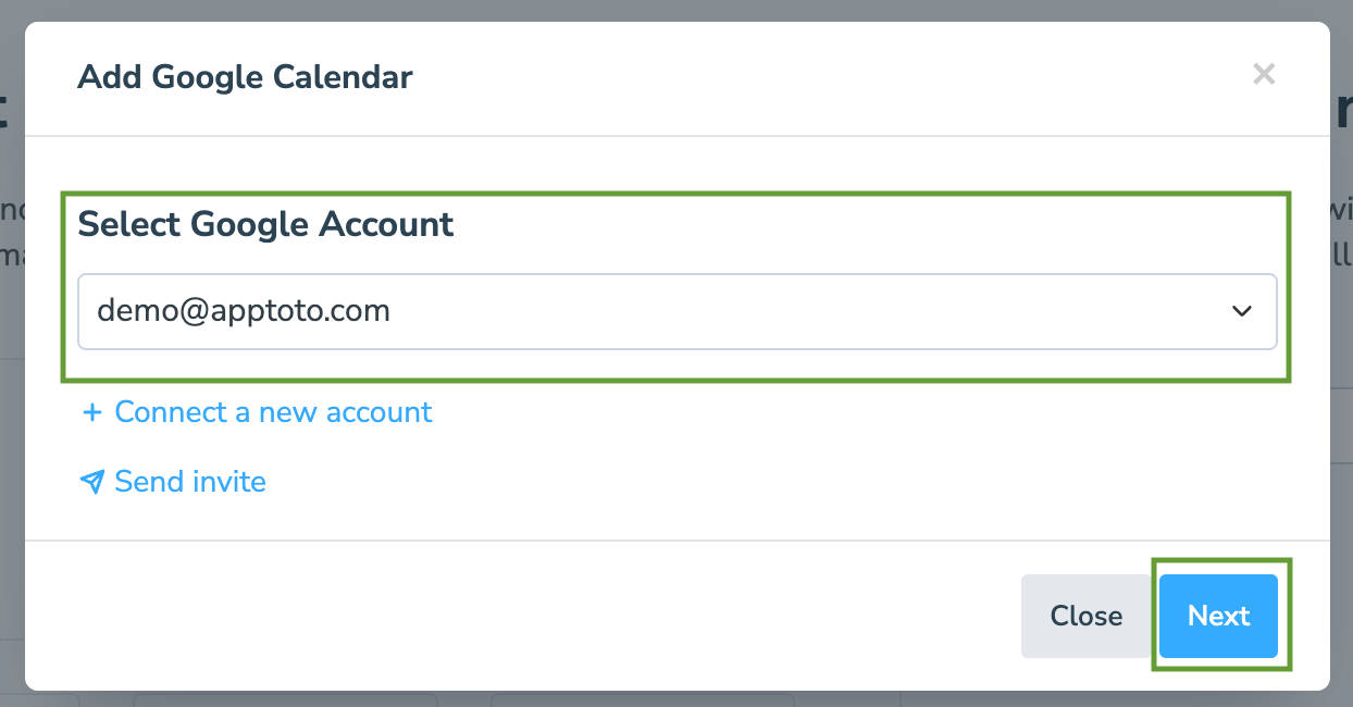 Select Google Account to add Google Calendar to Apptoto