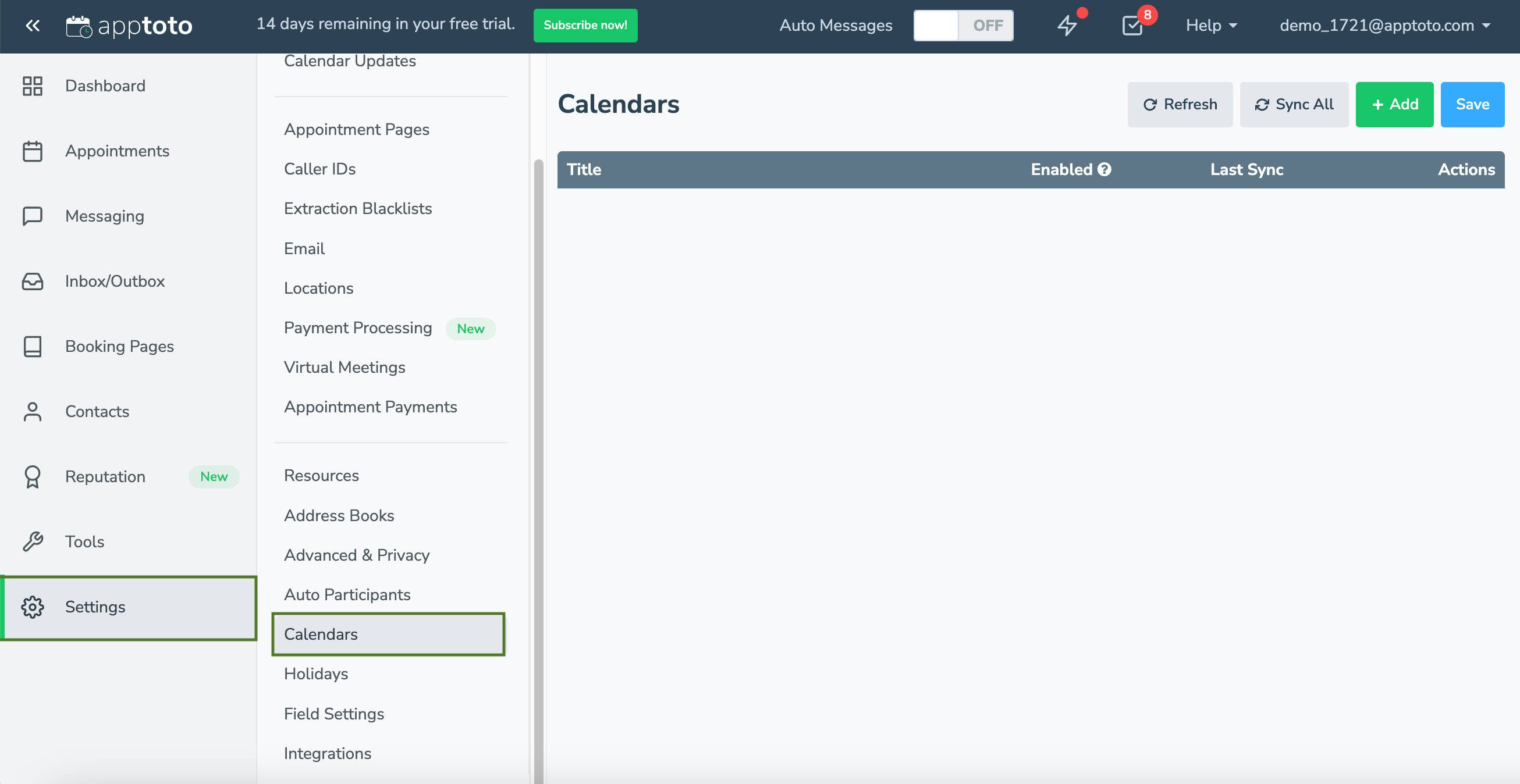 Calendars tab to add new appointment calendars to Apptoto