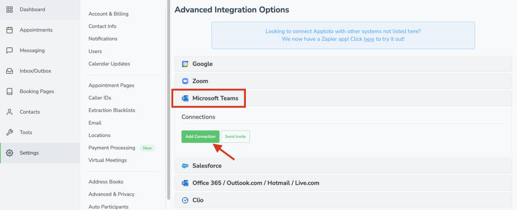 Link your Microsoft Teams to Apptoto to have the platform automatically create virtual meeting links for you.