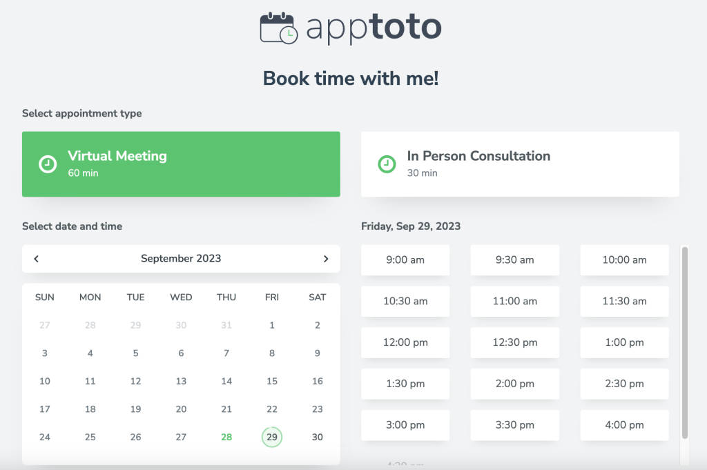 all-in-one Apptoto booking page layout
