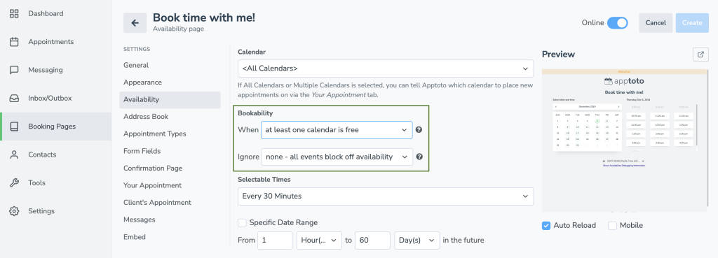Apptoto when and ignore bookability settings control when apptoto displays appointment availability
