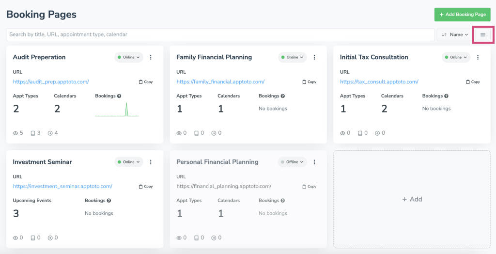 Apptoto Booking Page card view showing information about all booking pages.